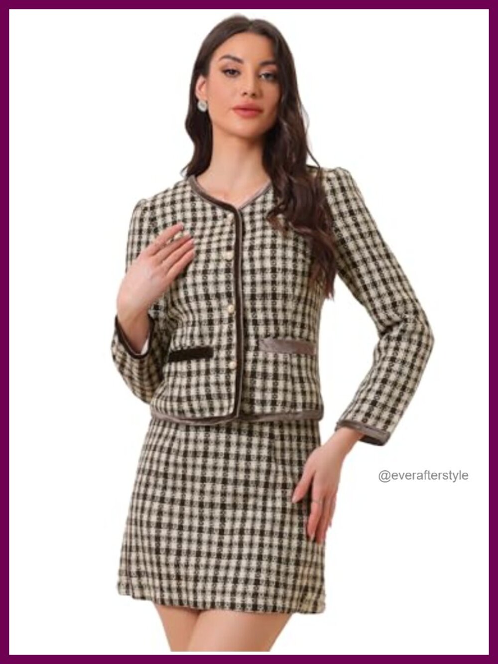 Women's Tweed Plaid Two-Piece Business Suit Set Blazer Mini Skirt